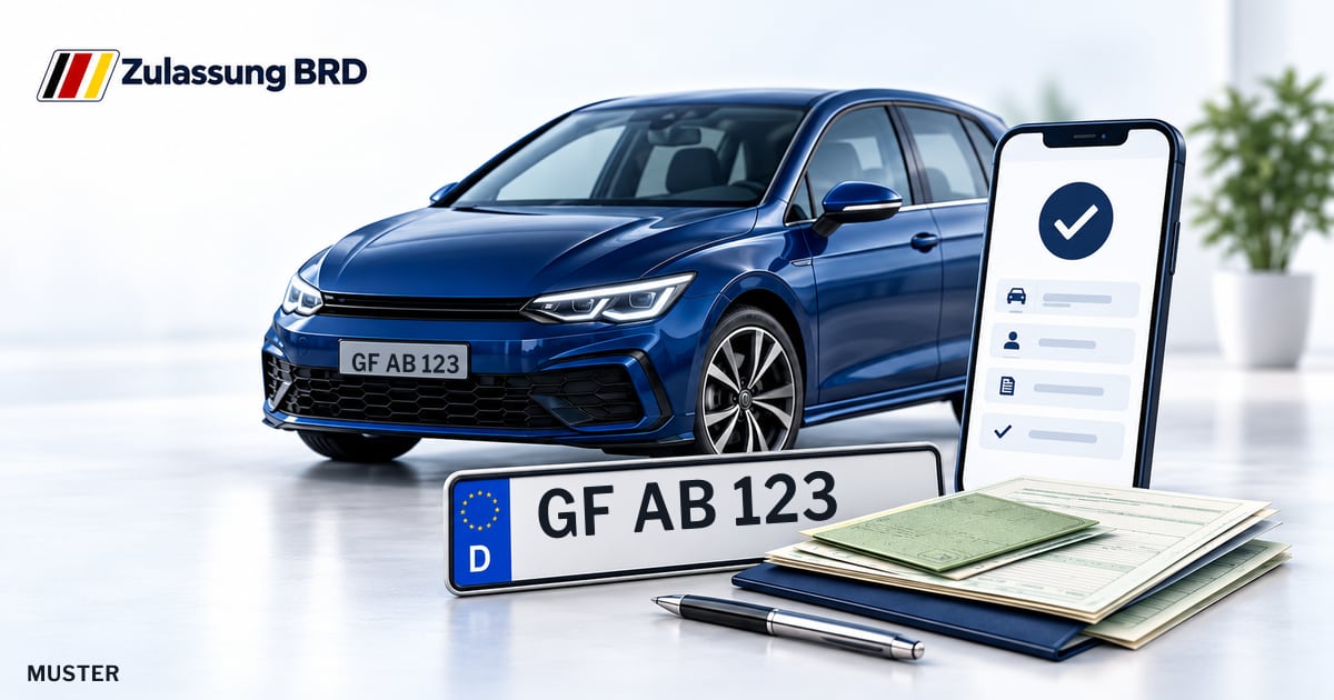 Online Fahrzeugzulassung in Sassenburg: Musterkennzeichen GF AB 123, Auto und Fahrzeugpapiere und Smartphone. Illustration mit Logo von Zulassung BRD.